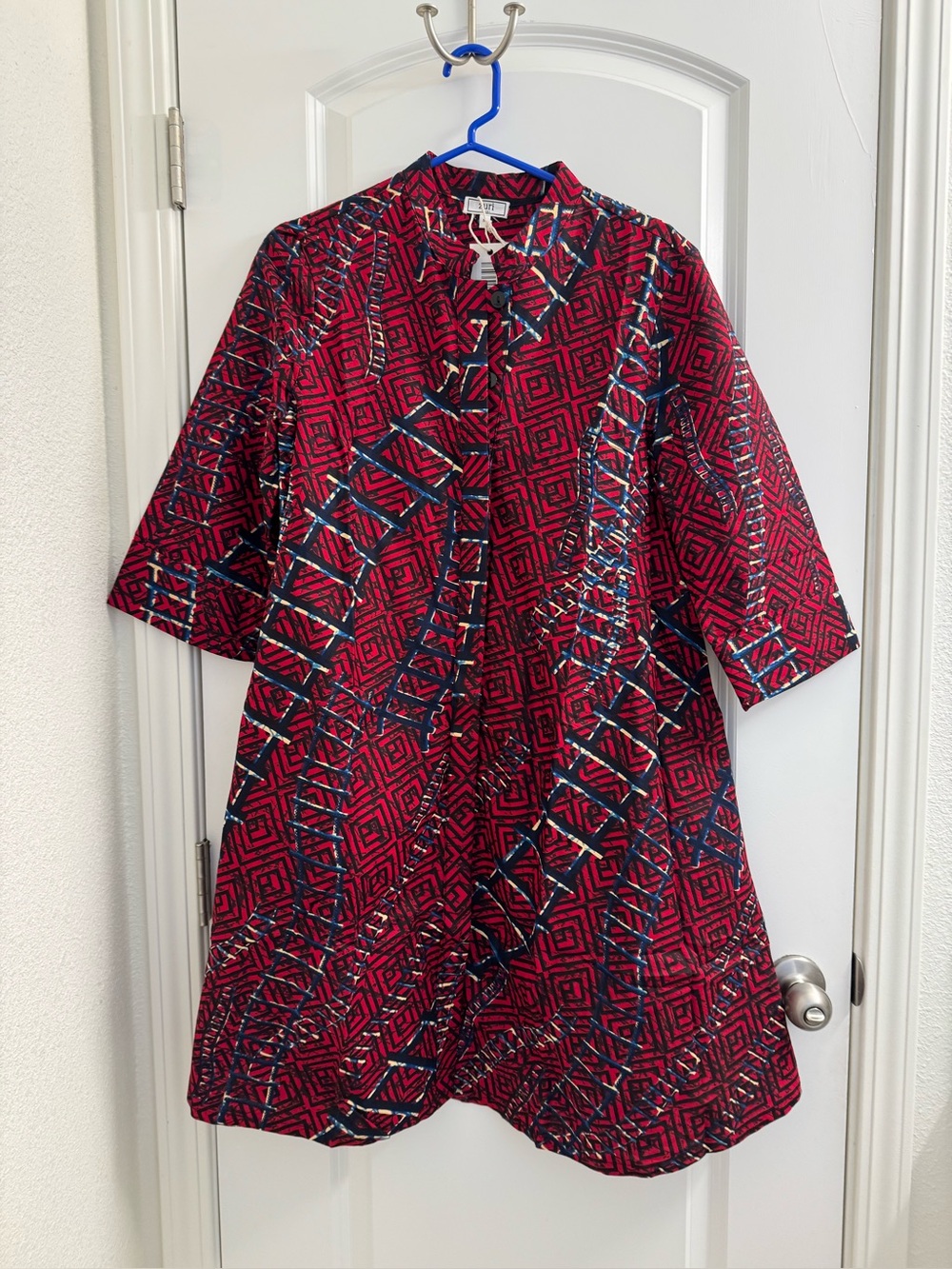 Zuri elevate dress. Beautiful bold red and blue ladders pattern